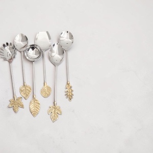 Cuillères de service multifonctionnelles en métal écologiques à motif de feuilles avec bol en céramique, ensemble d'ustensiles de cuisine de style nordique moderne - Product Image 2