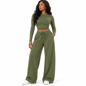 Conjunto de 2 Piezas para Mujer con Logotipo Personalizado OEM, Top Ajustado de Manga Larga y Pantalones Palazzo de Pierna Ancha, Fabricante Mayorista - Product Image 2