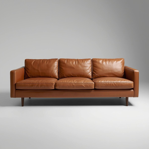 Sofá Moderno de 3 Plazas en Cuero Cognac con Patas de Madera, Estilo Mid-Century, Mueble de Lujo para Sala de Estar - Product Image 1
