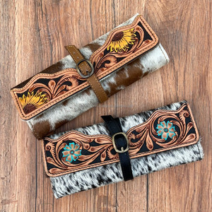 Boîte à bijoux élégante pliable usinée à la main en cuir véritable, organisateur de bijoux portable à fleurs en cuir de vachette occidentale, étui à bijoux de voyage - Product Image 3