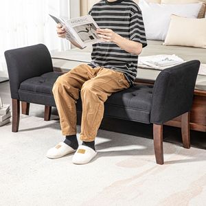 Panca Nera Imbottita per Camera da Letto e Ingresso con Design Trapuntato a Bottoni, Panca Finale per Letto con Braccioli e Gambe in Legno Massello per Soggiorno - Product Image 2