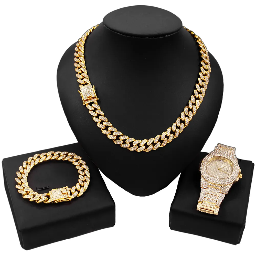 Zhuerrui Men Ladies Cuban Necklace Bracelet Watch Sets Popular Hip Hop Gypsophila Watch Set American Wedding Jewelry HW20120249