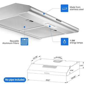 เครื่องดูดควันแบบติดตั้งใต้ตู้ขนาด 30 นิ้ว แบบไร้ท่อ แบบไร้สาย แบบเหล็ก 3 ระดับความเร็ว - Product Image 4