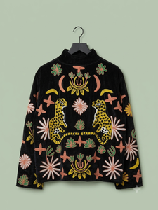 Black Embroidered <b>Velvet</b> Breathable Woven Short Stand Collar Zip-Up Bomber <b>Jacket</b> Floral Pattern <b>Women</b> Outerwear - Product Image 2