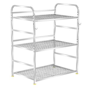 Étagère de rangement en métal à 3 niveaux avec crochets, organisateur de cuisine sur pied en fil métallique, 60x37x74cm, argent - Product Image 2