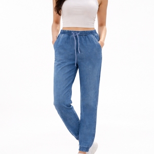 <b>Women's</b> High Waist Denim <b>Jogger</b> Pants <b>Straight</b> Loose Fit Full Length Casual Drawstring With Pockets Solid Color Spring Style - Product Image 1