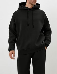 Conjunto de Sudadera con Capucha Negra para Hombre, Estilo Casual, Color Sólido, Manga Larga, 100% Algodón, Transpirable, Corte Regular, Ropa de Otoño - Product Image 1