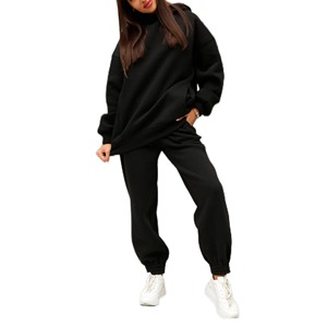 Conjunto Deportivo con Capucha para Mujer, Color Negro, Manga Larga, Estilo Casual, Sudadera Holgada y Pantalones Deportivos con Bolsillos Laterales, OEM - Product Image 1