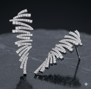 White Gold Feather <b>Ear</b> Climber <b>Earrings</b> with Lab Grown Diamonds | Designer <b>Ear</b> <b>Cuff</b> Jewelry | OEM ODM Manufacturer - Product Image 1
