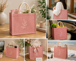 Pink Jute Tote <b>Bag</b> With <b>White</b> Leaf Embroidery Shoulder Length Handle Large Size Daily Use - Product Image 5