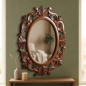 Miroir mural décoratif rectangulaire en bois avec cadre en feuilles sculptées, miroir suspendu vintage pour salon, chambre, couloir, maison - Product Image 3