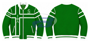 Veste universitaire pour femme Iota Phi Lambda, blanche, avec lettres grecques brodées, fermeture éclair sur le devant, style preppy, col et poignets, veste de style Letterman - Product Image 3