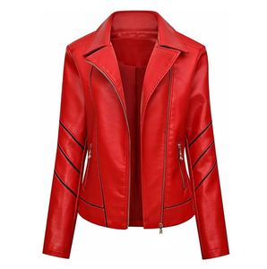 Veste en cuir rouge sur mesure pour femme, coupe ajustée, style motard, en similicuir PU, avec manches rayées, vêtement d'extérieur décontracté, manteau de motard pour l'automne - Product Image 1