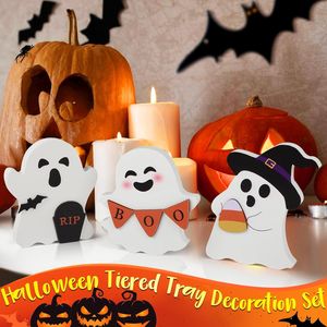 Set di vassoi in legno a 3 livelli per decorazioni di Halloween con gatto nero, pipistrello, scopa da strega e cartelli a forma di zucca - Product Image 6
