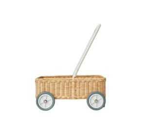Chariot à jouets en rotin tressé pour enfants avec quatre roues et poignée de traction, chariot de rangement en rotin naturel fait main pour les jouets des enfants, chambre d'enfant - Product Image 2