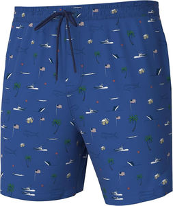 Shorts de baño azules para hombre con estampado de palmeras, yates y banderas americanas, de secado rápido, con cordón ajustable, informales. - Product Image 1