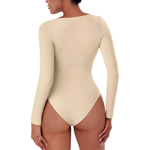 Damen Langarm-Bodysuit mit Rundhalsausschnitt, Einfarbig, Hochgeschnitten, Figurformend, Bauchkontrolle, Beige Shapewear, Komfortabel, OEM ODM - Product Image 3