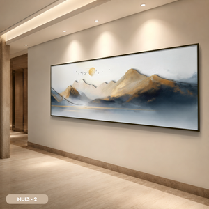 Cuadro de Arte Abstracto Moderno Hecho a Mano de la Marca HALO, Impresión en Seda de Paisaje de Montaña con Pájaros y Sol, Marco de Madera, Arte de Interior NUI3-2 Vietnam - Product Image 2