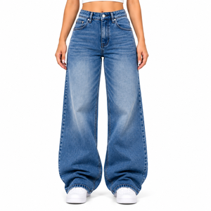 <b>Women's</b> Blue Washed Breathable Full Length Wide Leg Denim <b>Jeans</b> High Waist <b>Baggy</b> Loose Fit Casual Pants - Product Image 1