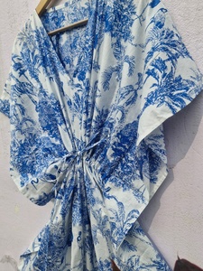 Vestido Kaftán de Algodón con Estampado Tropical para Mujer, Vestido de Playa Boho Maxi Midi, Corte Holgado, Ropa Informal para Vacaciones - Product Image 4