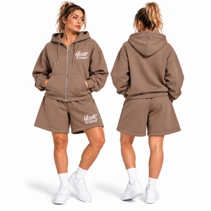 Wholesale New <b>Women's</b> Casual Short Hoodie <b>Set</b> 100% Cotton Custom Embroidery Oversize <b>2</b> <b>Piece</b> <b>Women</b> Zipper Hoodies Shorts <b>Set</b> - Product Image 5