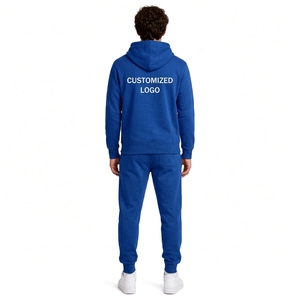 Ensemble de survêtement bleu à capuche pour homme, manches longues, couleur unie, tenue décontractée avec logo imprimé sur le devant, matière en coton respirant, style automne - Product Image 2
