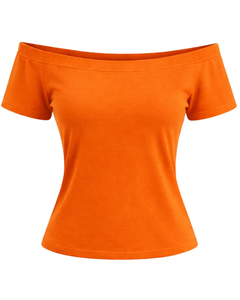 T-shirt femme orange vif à épaules dénudées, manches courtes, coupe ajustée, décontracté, été, en coton doux, personnalisable, fabricant OEM - Product Image 1
