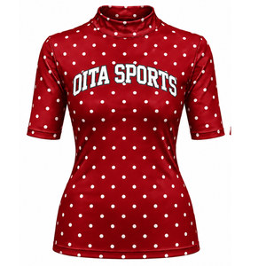 Red Polka Dot Women <b>Mock</b> <b>Neck</b> Short Sleeve T Shirt Slim Fit Stretch Casual Printed <b>Top</b> Fashion Summer Apparel Wholesale Custom - Product Image 1