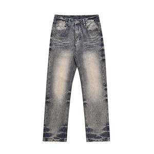 Jean en denim bleu délavé et déchiré style urbain, coupe droite, pour homme – Marque tendance, streetwear décontracté - Product Image 1