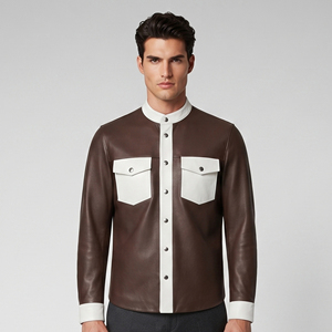 Chemise en cuir pour homme à col montant et boutons, chemise en cuir PU de vachette avec poches avant, chemise en cuir à manches longues pour garçon, chemise en cuir OEM pour homme - Product Image 1
