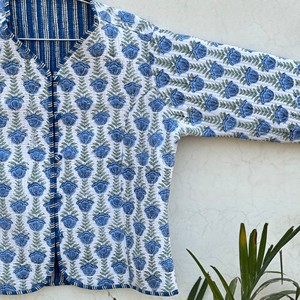 Blazer matelassé en coton imprimé floral pour femme, col en V, manches trois quarts, fermeture boutonnée, vêtement d'extérieur printemps, longueur standard - Product Image 5