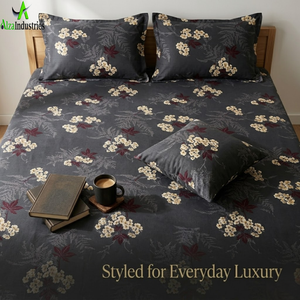 King Size Dark Grey Floral Bedsheet <b>Set</b> Soft Cotton <b>Bedding</b> <b>Set</b> with Pillow Covers Breathable Lightweight Premium Bedroom Decor - Product Image 4