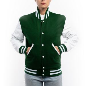 Chaqueta Varsity para Mujer, Hecha a Medida, Ecológica, Resistente al Viento y Transpirable, con Cuerpo de Lana Verde y Mangas de Cuero Blanco Brillante - Product Image 1