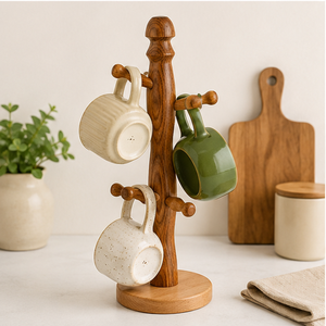 Natural Rustic Wooden Mug Rack <b>Tree</b> Handcrafted Farmhouse Coffee Cup Stand Space-Saving <b>Tabletop</b> Hanger for Mugs & Accessories - Product Image 5