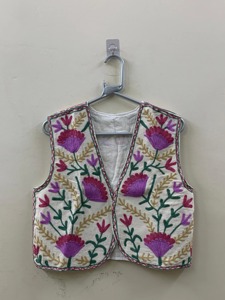 Floral Embroidered Cotton <b>Vest</b> V-Neck Sleeveless Prairie Chic Style Handmade Women's Spring Top White With Pink <b>Purple</b> Flowers - Product Image 1