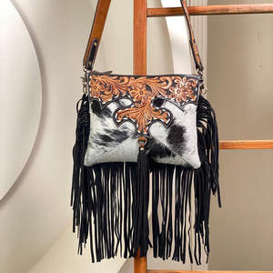 Bolso bandolera con flecos de vaquera occidental de cuero de vaca para mujer, bolso de hombro Floral de cuero de vaca, moda 2025 - Product Image 4