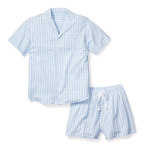 Ensemble de pyjama pour homme à manches courtes, bleu à carreaux, en coton respirant, décontracté, chemise et short d'été, ensemble deux pièces - Product Image 1