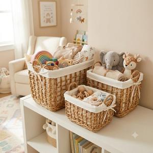3 Piece Set Natural <b>Wicker</b> Storage Baskets with Handles and Cloth Liner Rectangular Rustic Laundry <b>Hamper</b> - Product Image 5