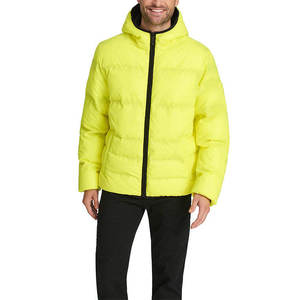 Chaqueta Acolchada con Capucha para Hombre, Color Amarillo Neón, Cierre de Cremallera, Gruesa, Informal, para Invierno - Product Image 4
