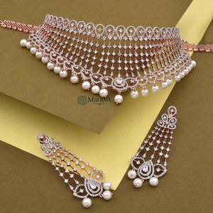 Gold Plated CZ Falling Pearl Drop Choker Set with Zirconia for Wedding - Product Image 2