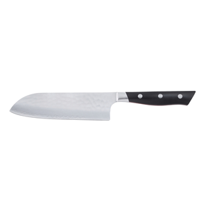 Cuchillos de cocina Santoku con mango negro y rojo, hoja plateada martillada, tres remaches y bolster plateado para rebanar y picar - Product Image 1