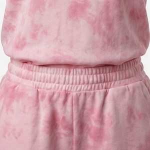 Ensemble 2 pièces pour femme, rose tie-dye, short et haut à manches courtes, col rond, coupe décontractée, au-dessus du genou, en coton tricoté, pour l'été - Product Image 5