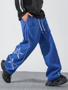 Pantalon de jogging décontracté pour homme, bleu, brodé d'étoiles, taille élastique, respirant, en polyester mi-lourd - Product Image 1