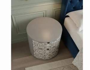 Table de chevet ronde grise avec incrustations en os, 2 tiroirs, table de chevet ronde grise moderne avec motif de volutes blanches, 2 tiroirs - Product Image 5