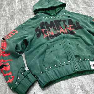 Sudadera con capucha y cremallera Semetal Insane con pedrería para hombre y mujer, verde lavado, corte ajustado, con brillo de cristal, estilo urbano, 2026 HD - Product Image 4