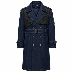 Longline Belted Denim Trench Coat Custom Men Women Heavyweight Jacket Premium <b>Quilted</b> Shoulder Outerwear - Product Image 2