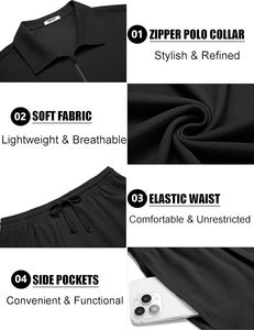 Ensemble 2 pièces pour homme, haut polo zippé en maille florale en polyester et short, respirant, léger, tenue décontractée d'été, gym, course à pied - Product Image 5