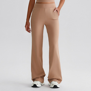 High Quality <b>With</b> <b>Pockets</b> Flare Wide Leg Pants Women Nude Feel Elastic Butt Lift High Waist Women's Pants & Trousers - Product Image 2