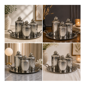 Vintage Silver Metal <b>Canister</b> <b>Set</b> 3 Jars Pumpkin Lids Handcrafted Dishwasher Safe Airtight Food Storage Container Tray Carton - Product Image 1