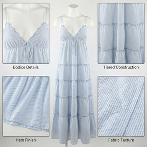 Robe longue décontractée en coton tricoté bleu clair à rayures, bretelles spaghetti, taille élastique, style bohème, respirante pour l'été - Product Image 5